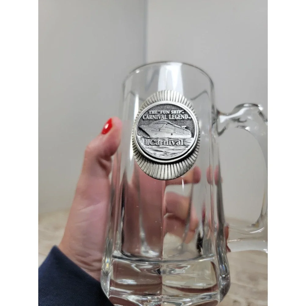 Carnival Legend Cruise Line Fun Ship Glass Beer Stein Mug Pewter Medallion Logo